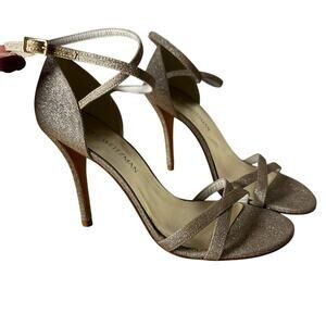 Stuart Weitzman Glitter Strappy Stiletto Heels Champagne Sparkle Gold Bridal 7.5